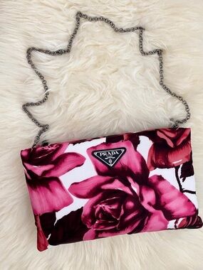 Authentic Prada Pink Floral Shoulder Bag with Silver Chain
